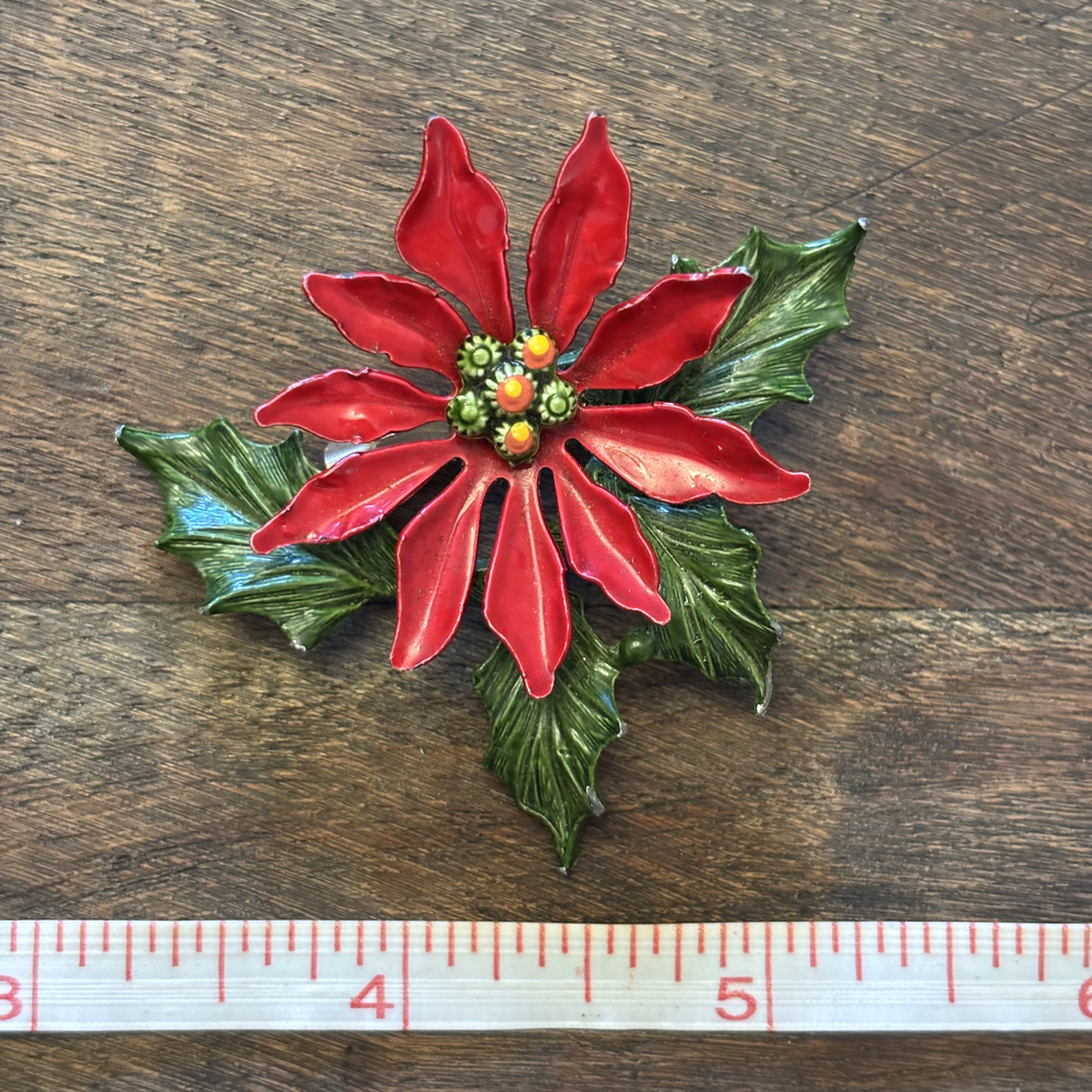 Faux Enamel Red Poinsettia Flower Holiday Brooch Silver Tone